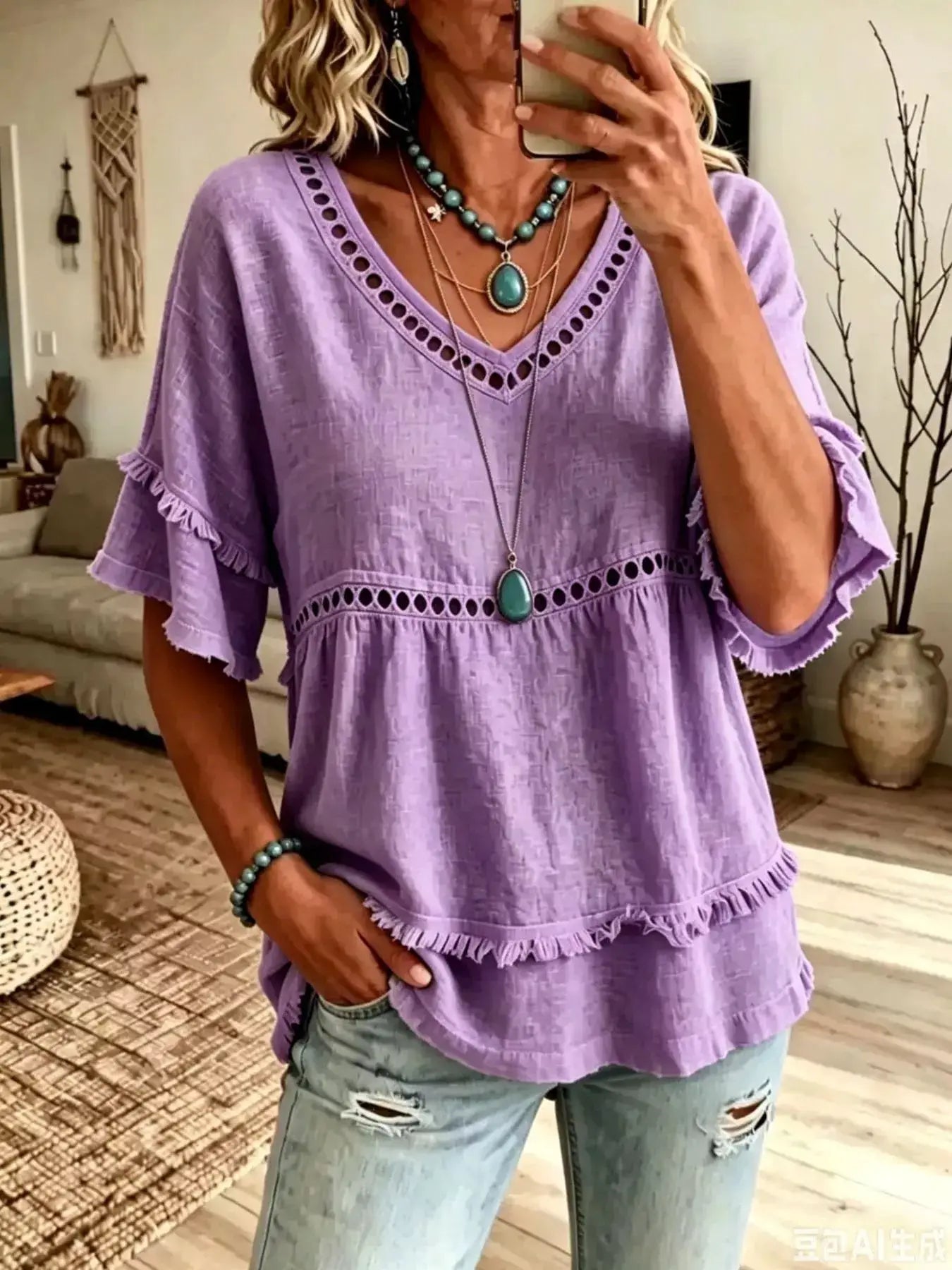 Eyelet V-Neck Frayed Edge T-Shirt by Trendsi