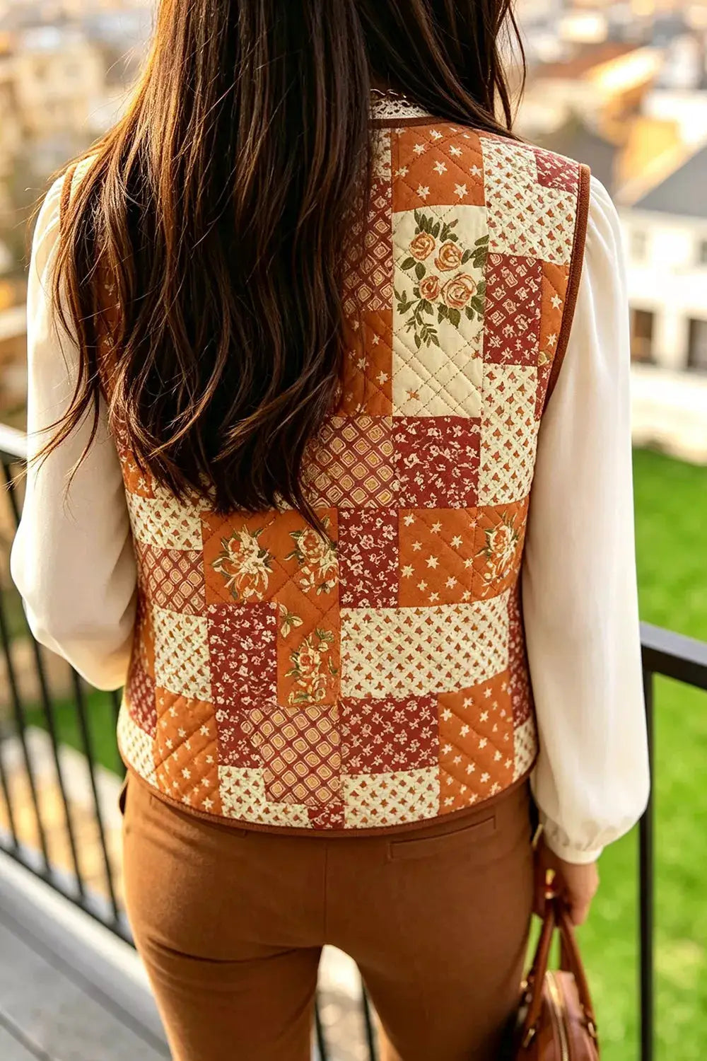 Fleece Quilted Floral Patchwork Contrast Trim V Neck Button Vest by Trendsi