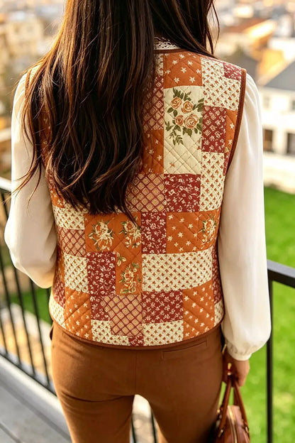 Fleece Quilted Floral Patchwork Contrast Trim V Neck Button Vest by Trendsi