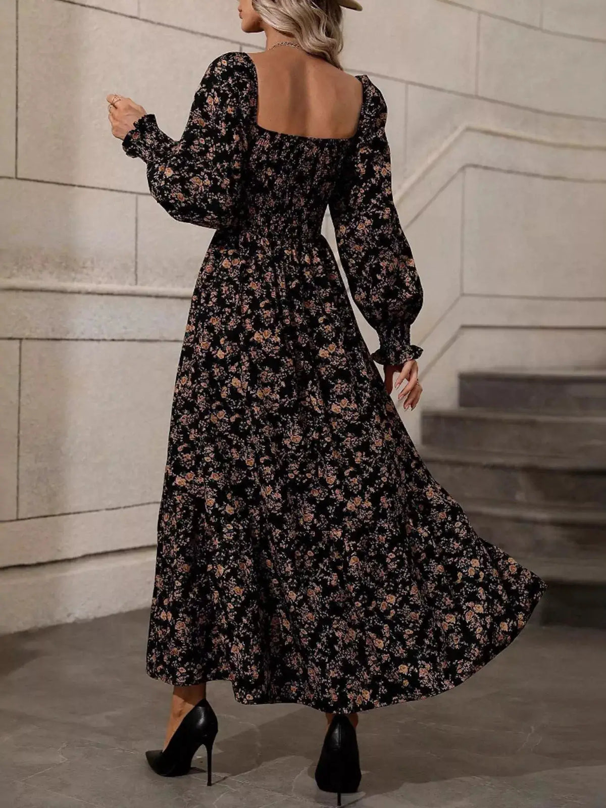 Floral Print Square Neck Smocked Midi Dress by Trendsi