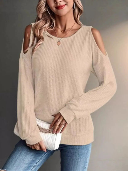 Solid Color Cold Shoulder Long Sleeve T-Shirt by Trendsi