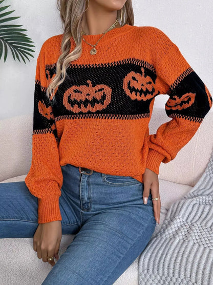 Halloween Pumpkin Pattern Round Neck Sweater by Trendsi