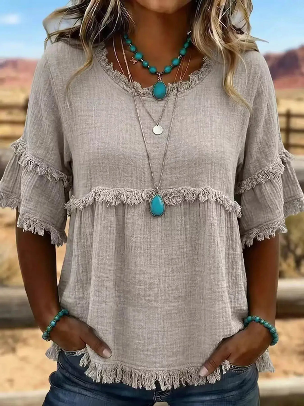 Full Size Frayed Edge Textured Blouse Plus Size by Trendsi