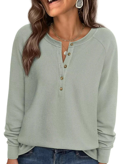 Waffle Knit Henley Long Sleeve T-Shirt by Trendsi