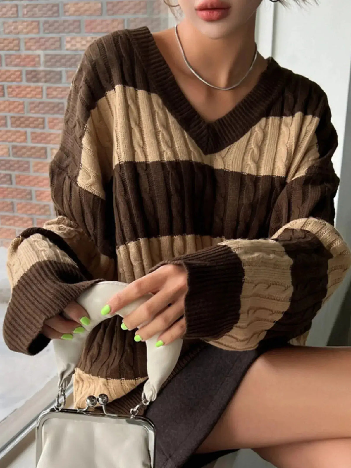V-Neck Striped Cable Knit Sweater by Trendsi