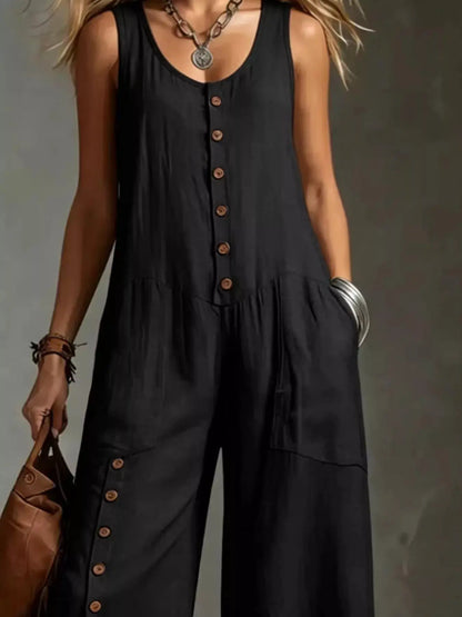 Full Size Sleeveless Button-Down Wide-Leg Jumpsuit Plus Size by Trendsi