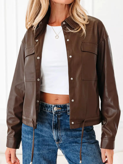 Double Flap Pocket Drawstring Hem Leather Jacket by Trendsi
