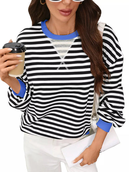 Contrast Trim Striped Crew Neck Sweatshirt by Trendsi
