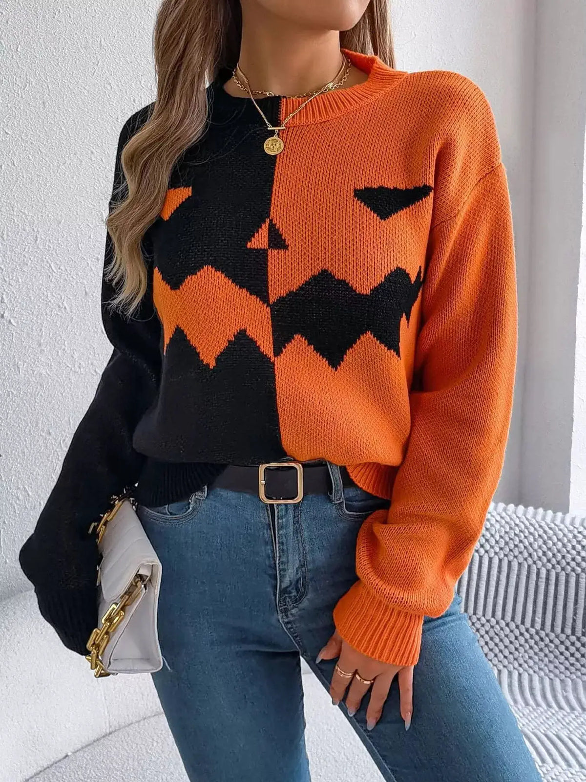 Pumpkin Face Graphic Two Tone Sweater by Trendsi