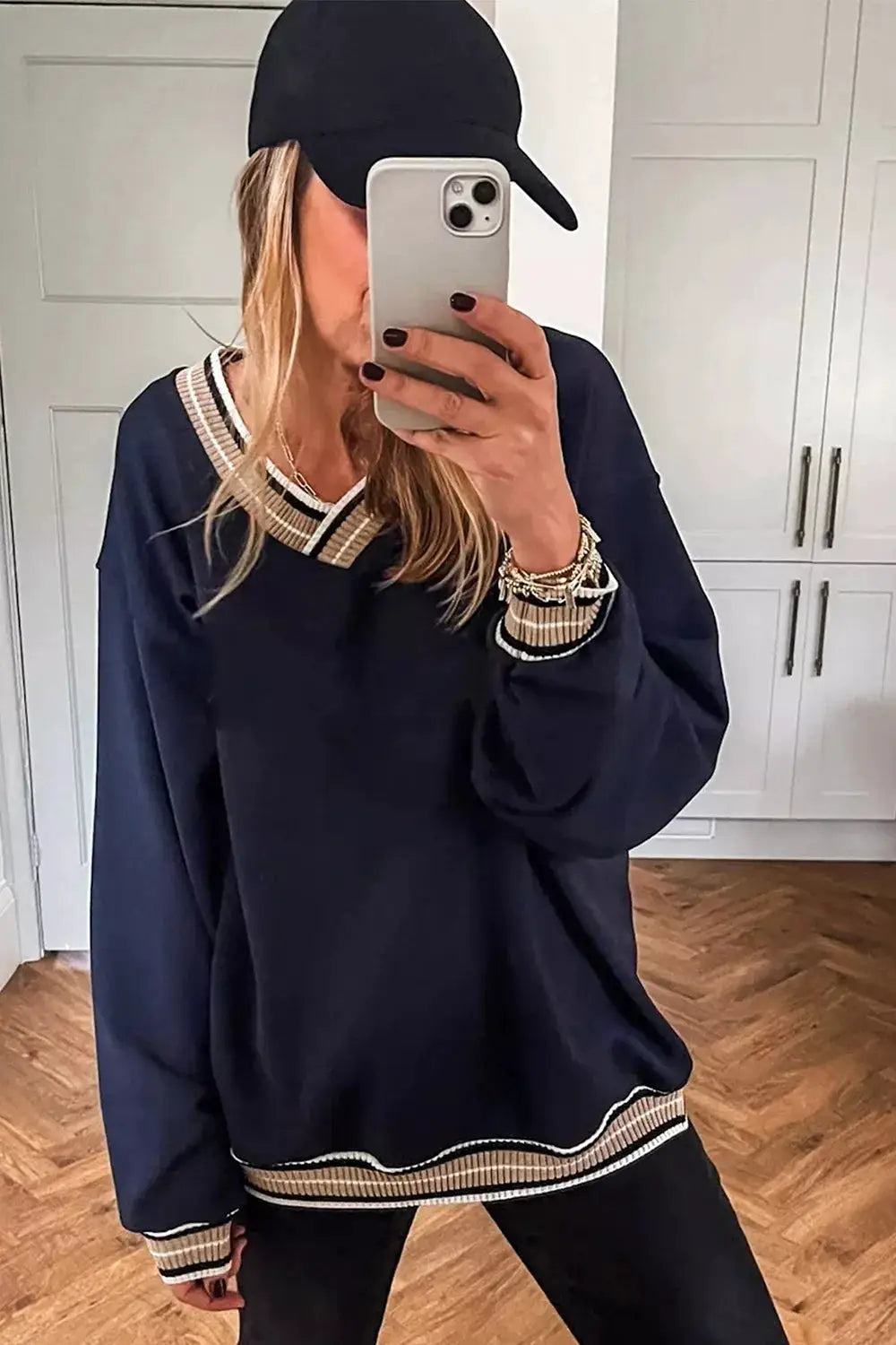 Contrast Striped Trim V Neck Sweatshirt by Trendsi