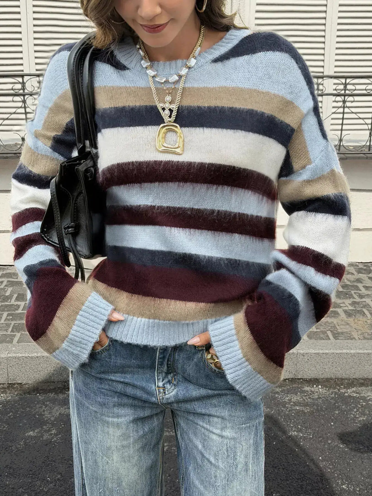 Multi-Color Striped Fuzzy Sweater by Trendsi