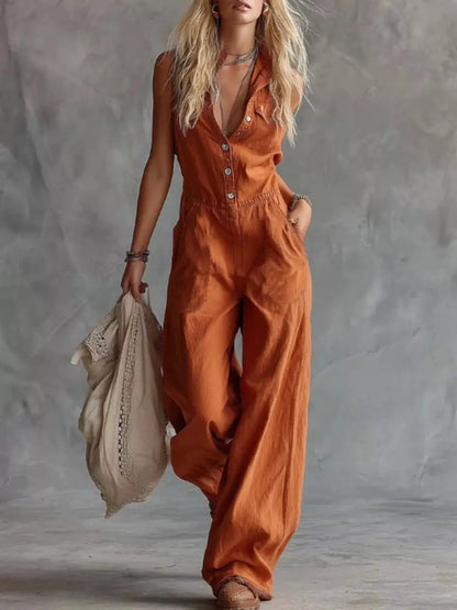 Sleeveless Button-Down Wide-Leg Jumpsuit by Trendsi