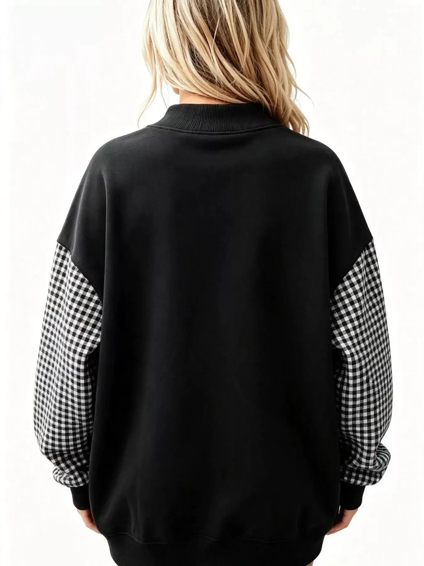 Gingham Sleeves Round Neck Sweatshirt by Trendsi
