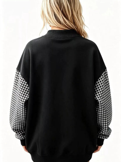 Gingham Sleeves Round Neck Sweatshirt by Trendsi