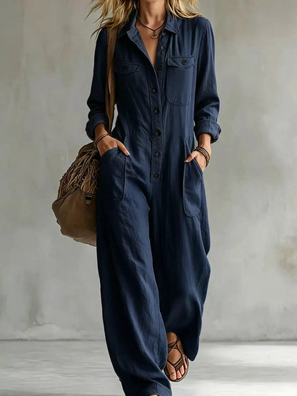 Full Size Long Sleeve Button Front Jumpsuit Plus Size by Trendsi