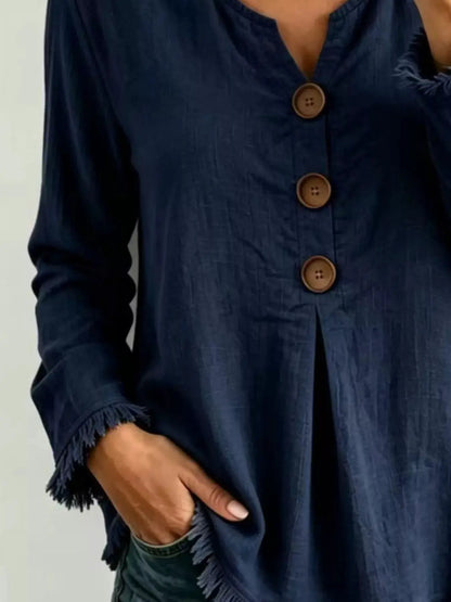 Full Size Frayed Hem Long Sleeve Blouse Plus Size by Trendsi