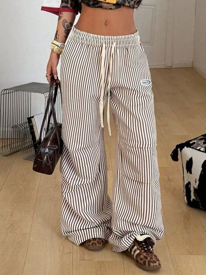 High-Waisted Striped Wide-Leg Cargo Pants with Drawstring by Trendsi