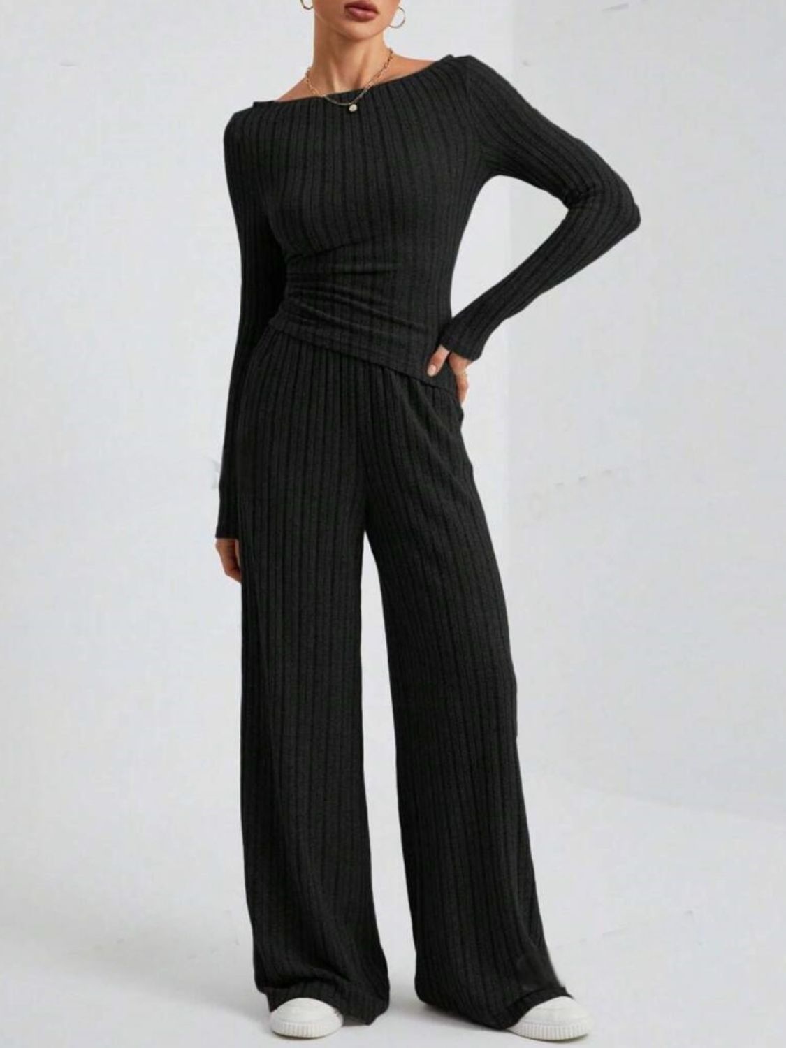 Ribbed Off-Shoulder Top and Pants Set