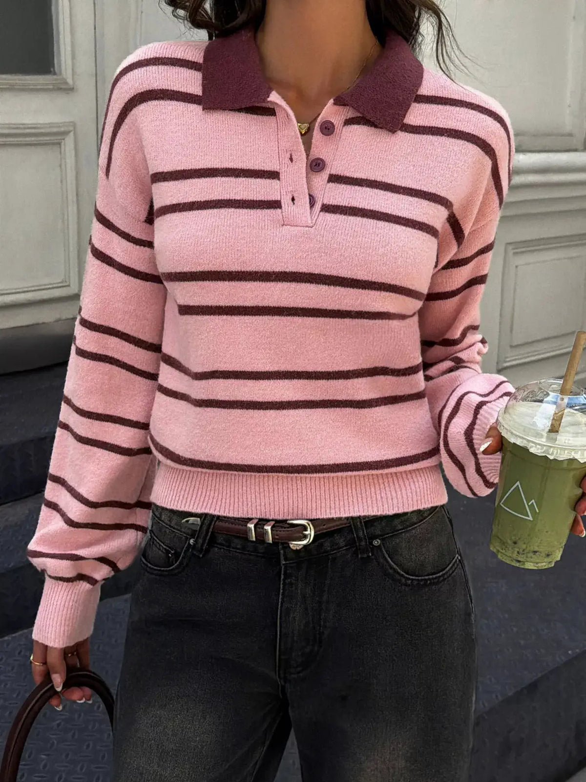Striped Polo Collar Dropped Shoulder Sweater by Trendsi