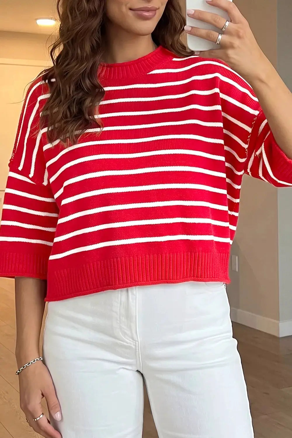 Stripe Dropped Shoulder Half Sleeve Relaxed Knit Sweater by Trendsi