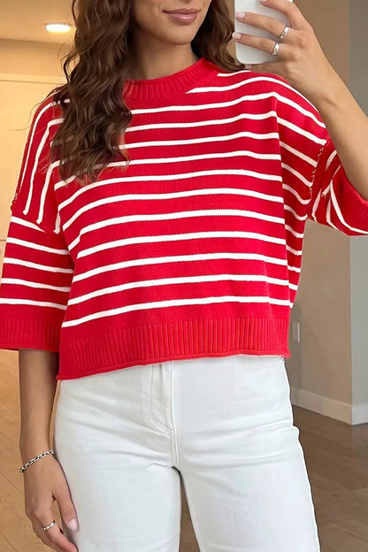 Stripe Dropped Shoulder Half Sleeve Relaxed Knit Sweater by Trendsi