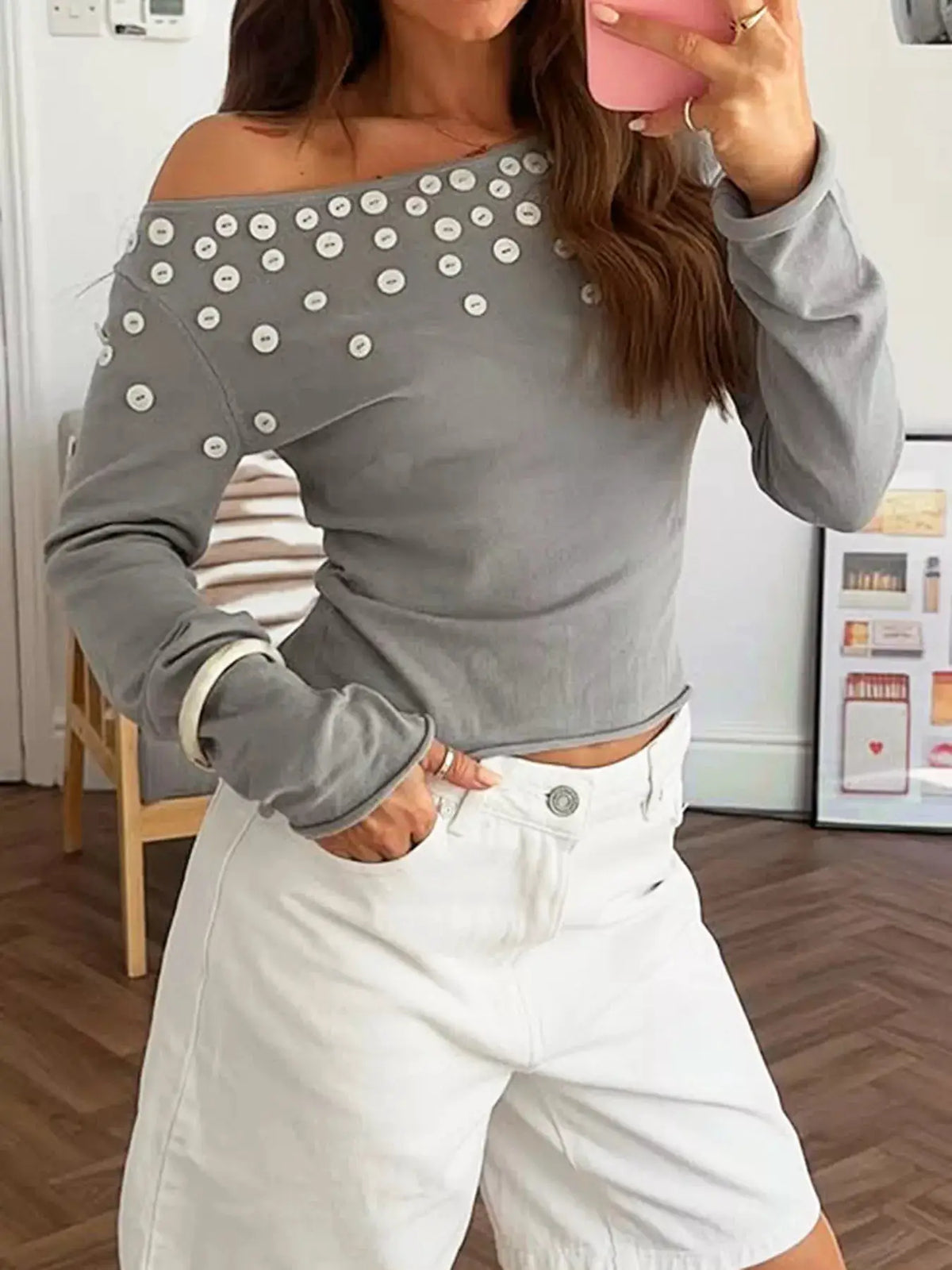 Decorative Button One Shoulder Top by Trendsi
