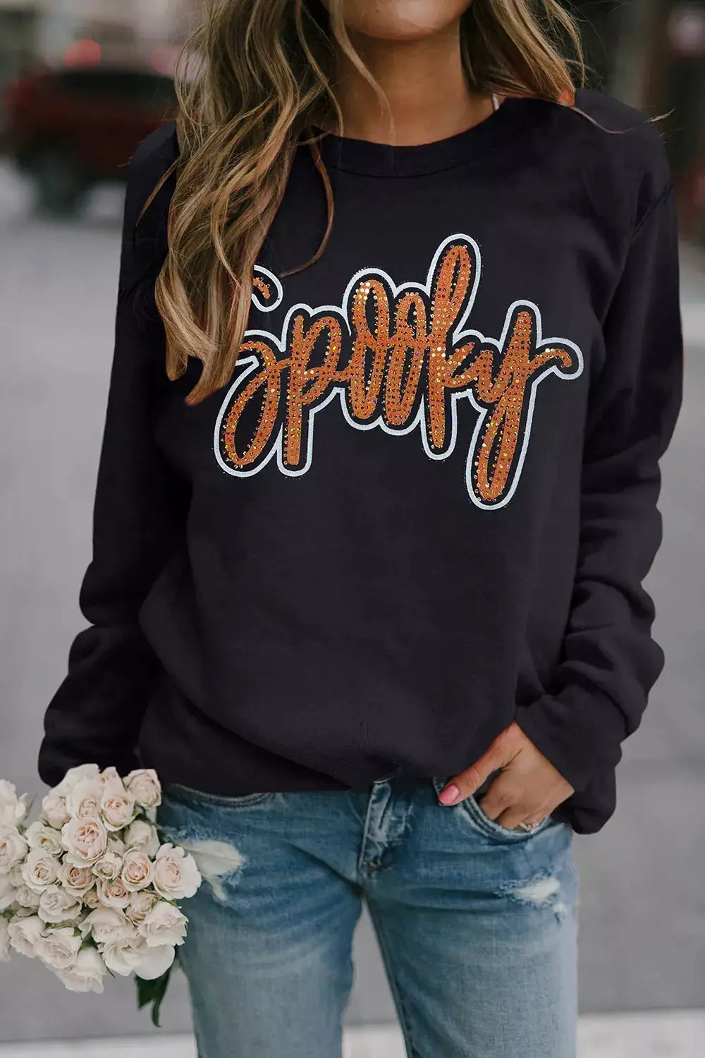 Spooky Rhinestone Drop Shoulder Sweatshirt by Trendsi