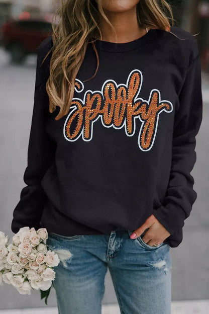 Spooky Rhinestone Drop Shoulder Sweatshirt by Trendsi