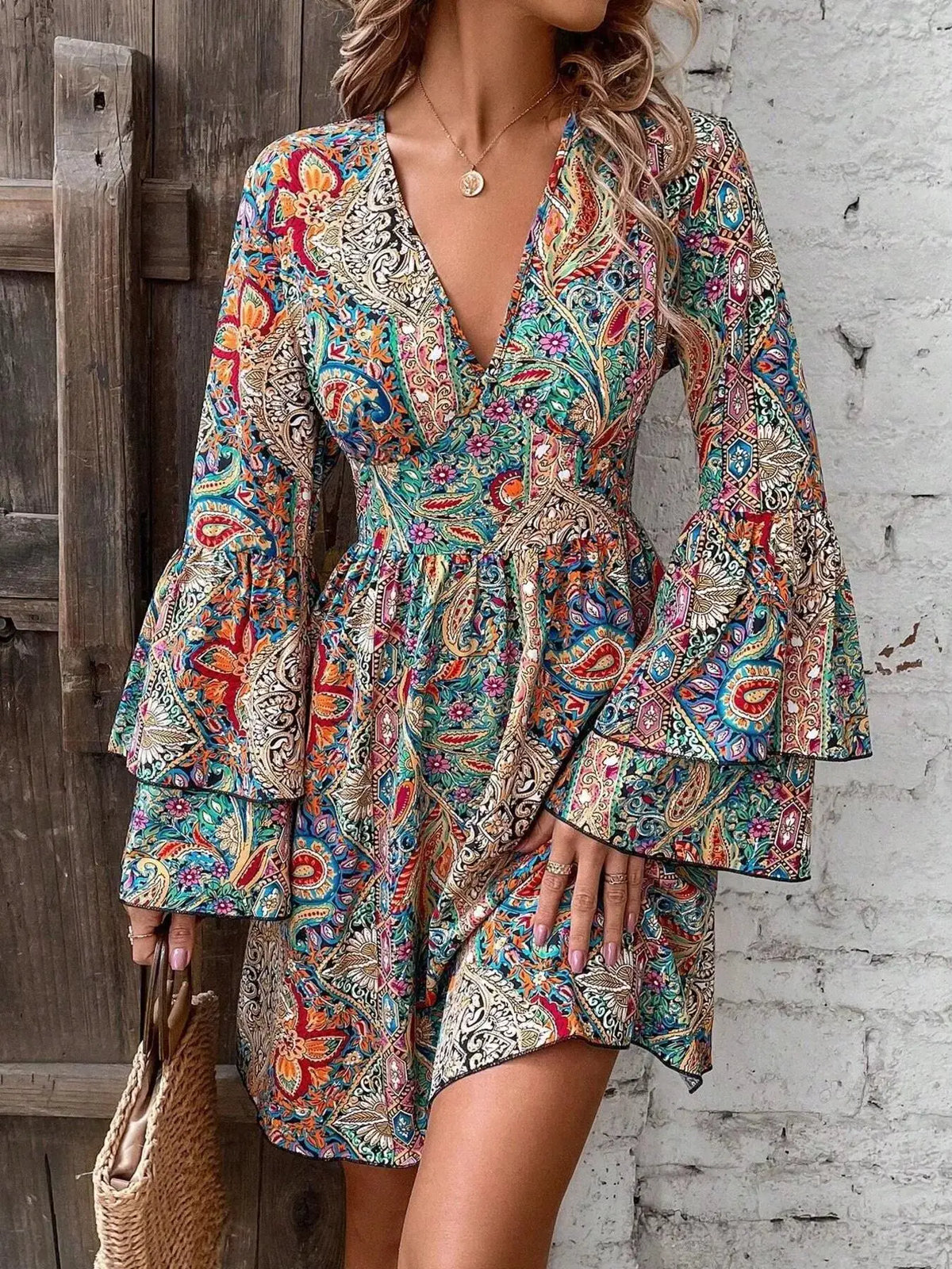 Paisley Print V-Neck Bell Sleeve Mini Dress by Trendsi