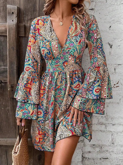 Paisley Print V-Neck Bell Sleeve Mini Dress by Trendsi