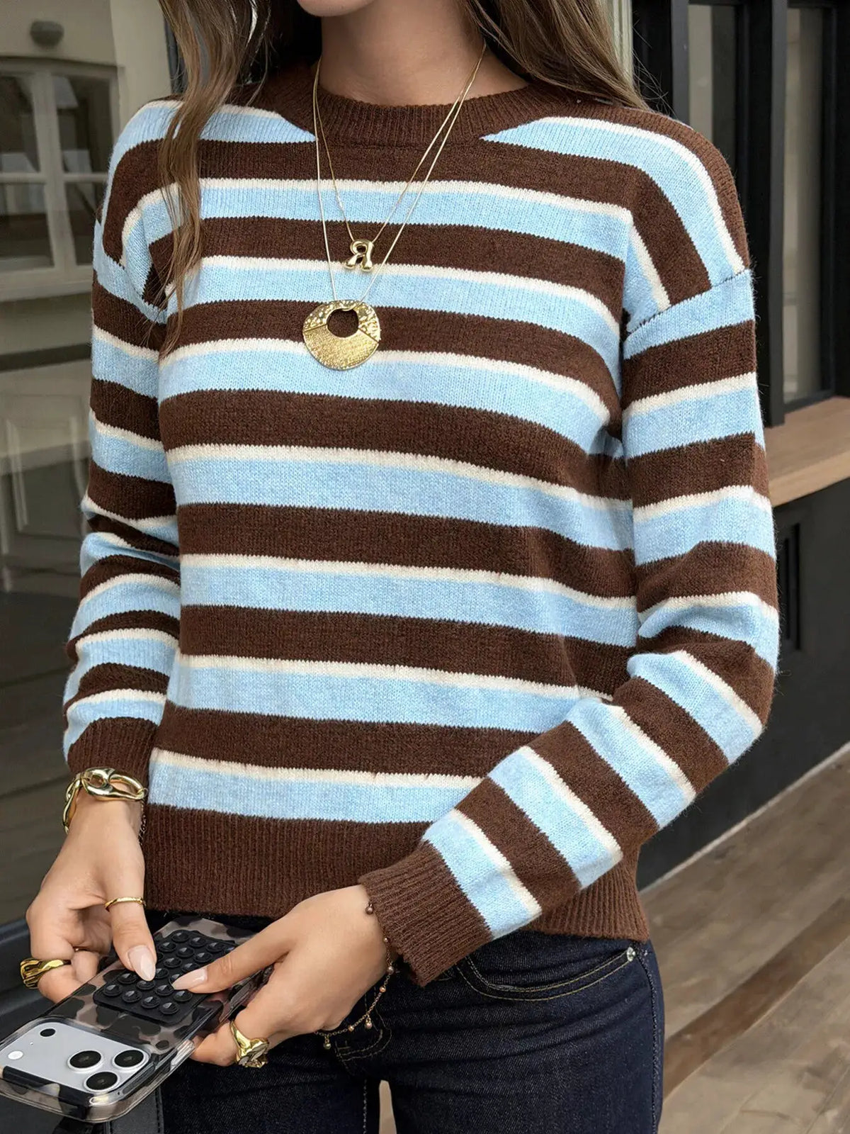 Striped Crew Neck Knit Sweater by Trendsi