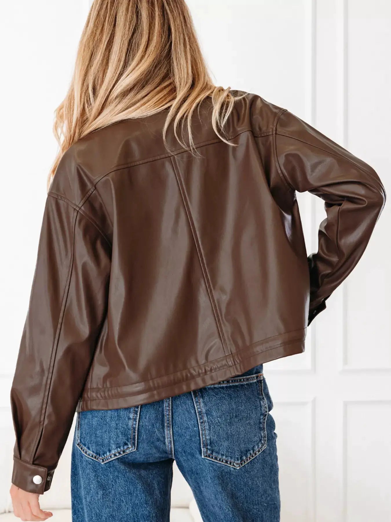Double Flap Pocket Drawstring Hem Leather Jacket by Trendsi