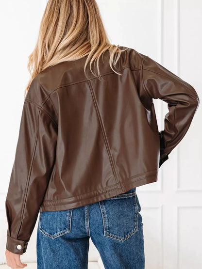 Double Flap Pocket Drawstring Hem Leather Jacket by Trendsi