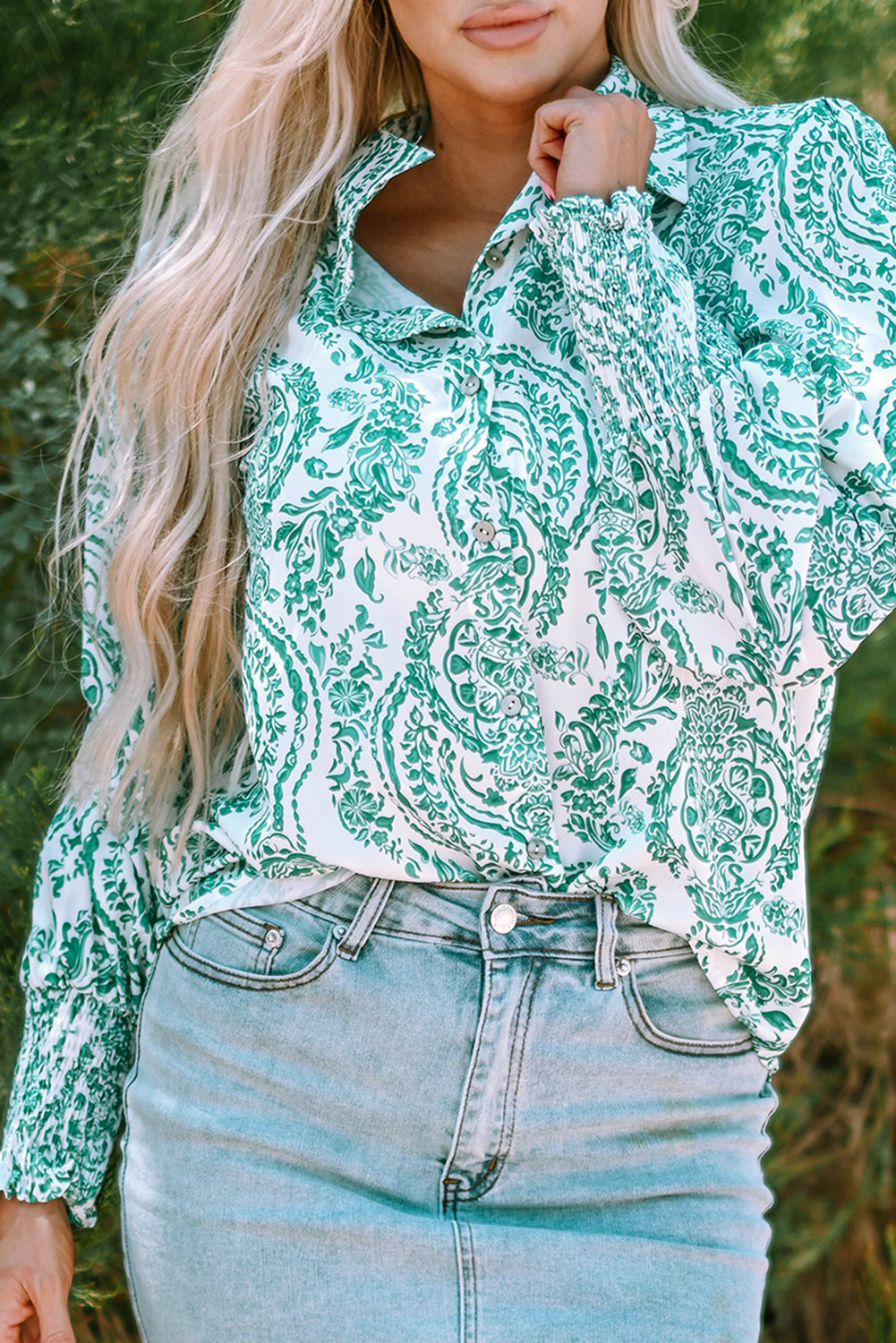 Green Paisley Print Smocked Cuff Buttoned Loose Shirt