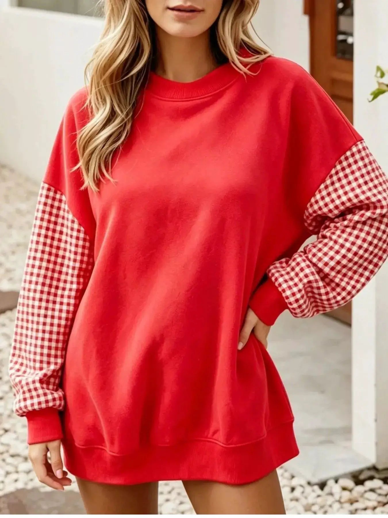 Contrast Gingham Long Sleeve Sweatshirt by Trendsi
