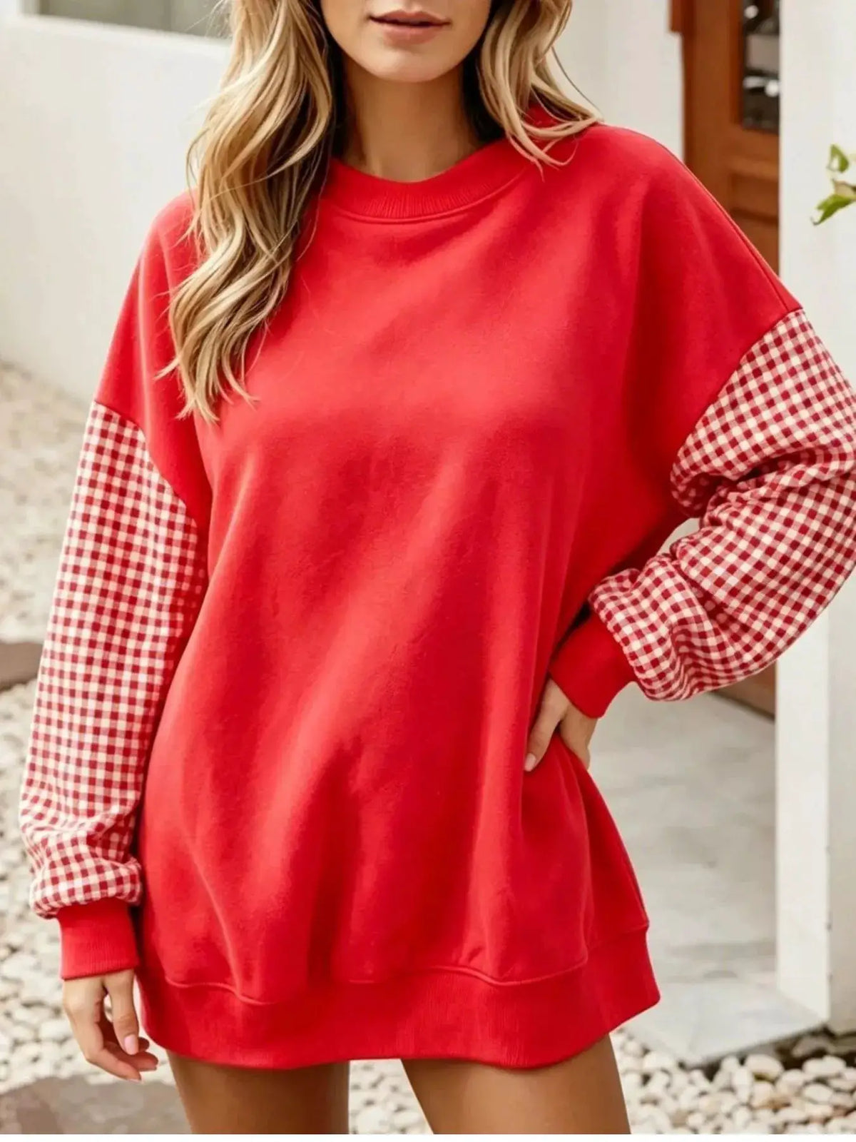 Contrast Gingham Long Sleeve Sweatshirt by Trendsi