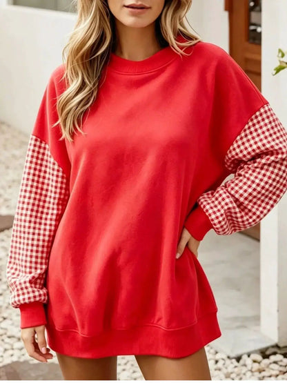 Contrast Gingham Long Sleeve Sweatshirt by Trendsi