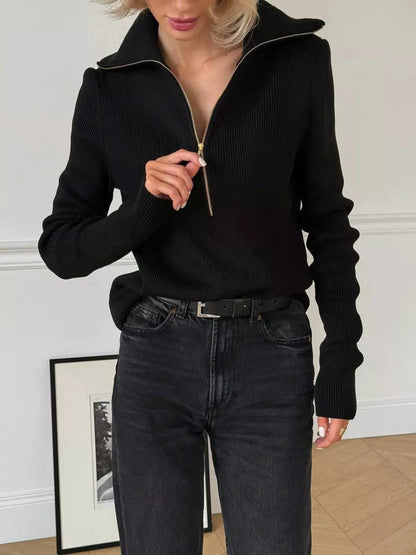 Ribbed Knit Quarter-Zip Sweater by Trendsi