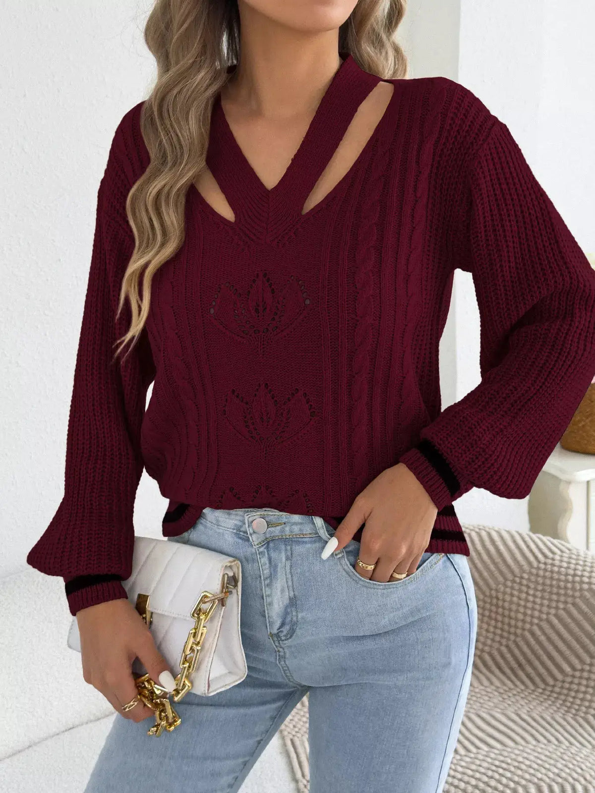 Cutout Cable Knit Sweater by Trendsi