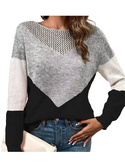 Openwork Color Block Long Sleeve Sweater by Trendsi