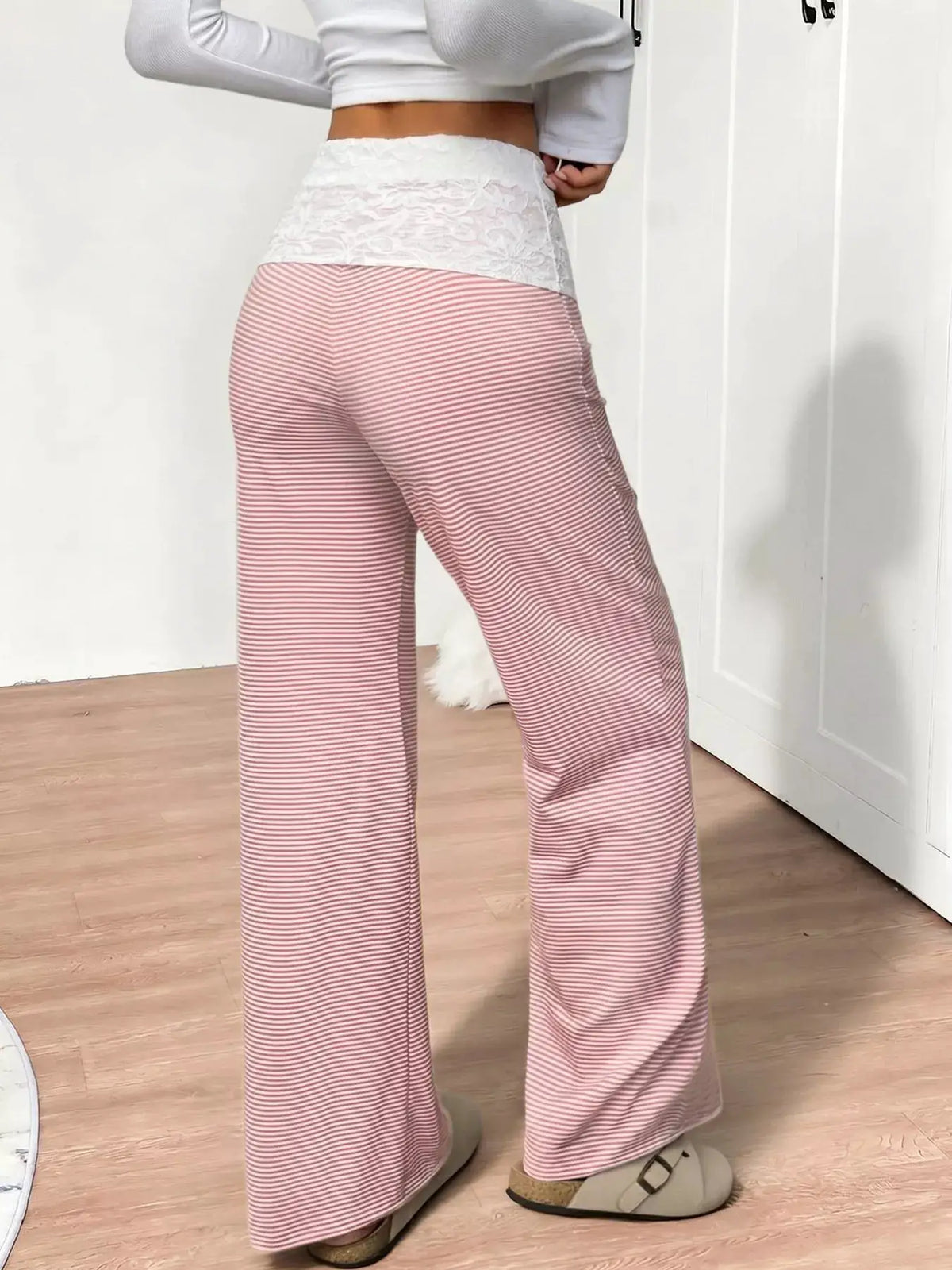 Lace Detail Striped Pants by Trendsi