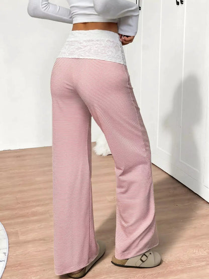 Lace Detail Striped Pants by Trendsi