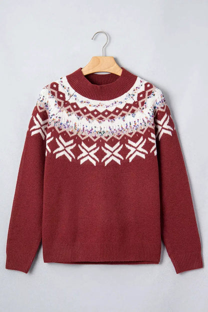 Christmas Theme Geometric Pattern Knit Round Neck Shift Sweater by Trendsi