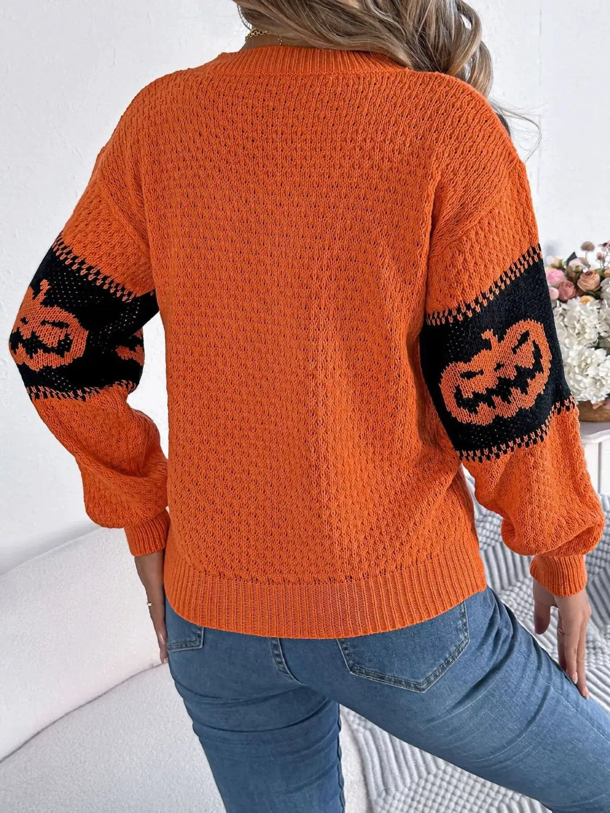 Halloween Pumpkin Pattern Round Neck Sweater by Trendsi
