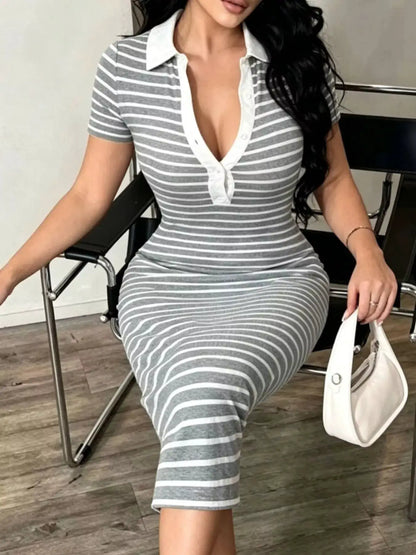 Striped Short Sleeve Bodycon Midi Dress by Trendsi