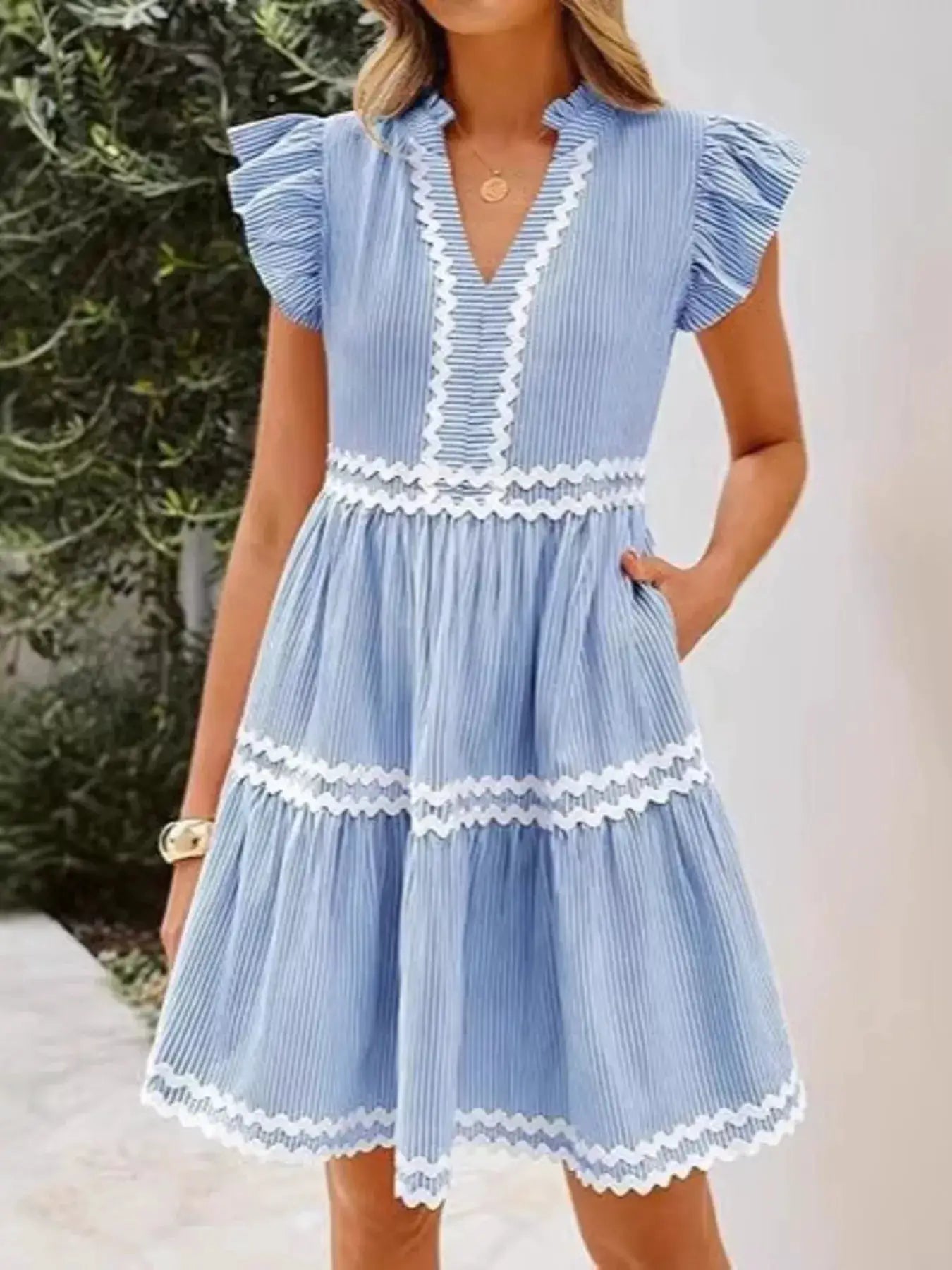 Striped Ruffle Sleeve Tiered Dress by Trendsi
