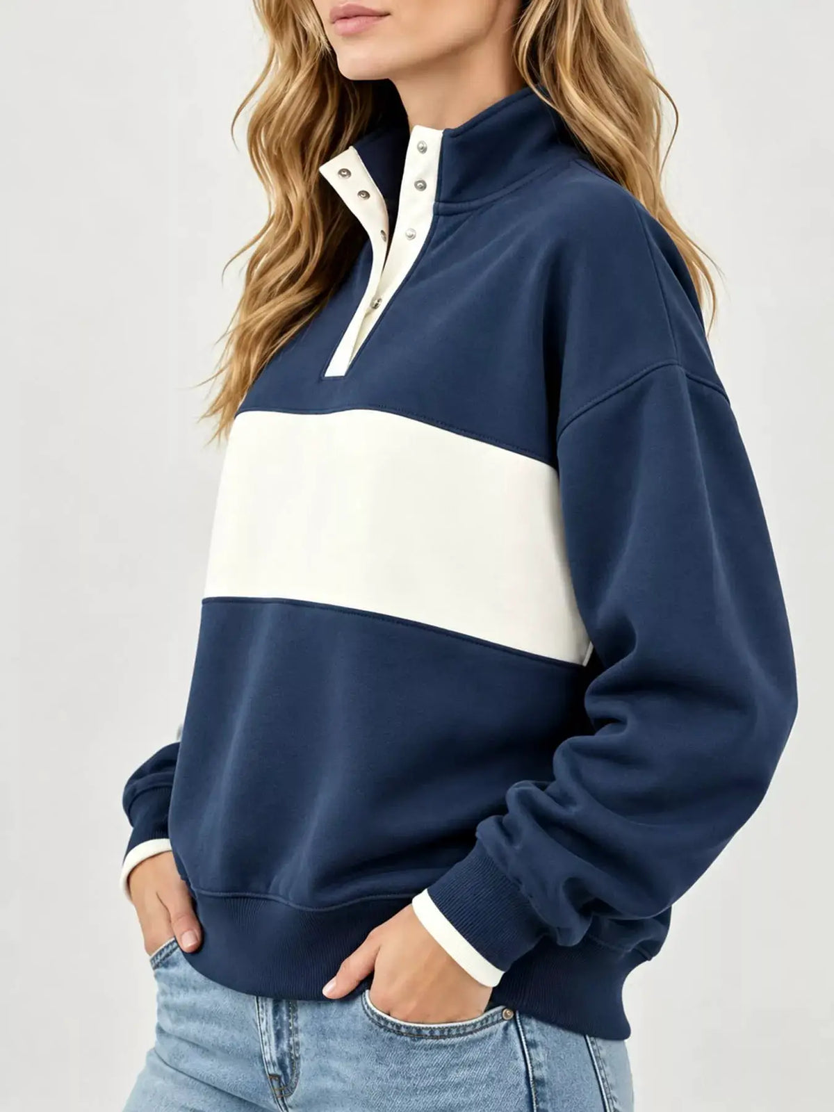 Full Size Color Block Snap-Button Sweatshirt Plus Size by Trendsi