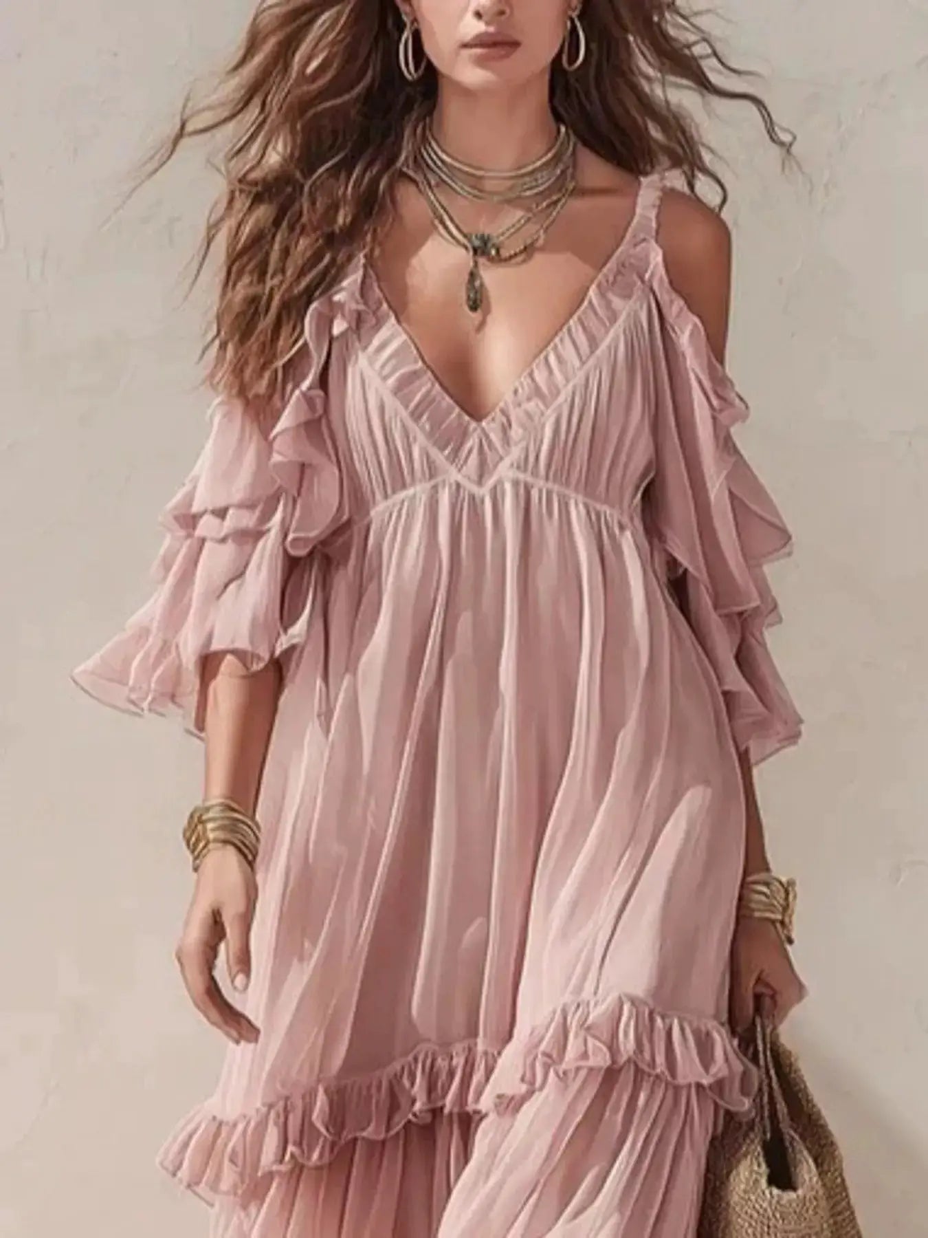 Cold-Shoulder Ruffled Maxi Dress by Trendsi