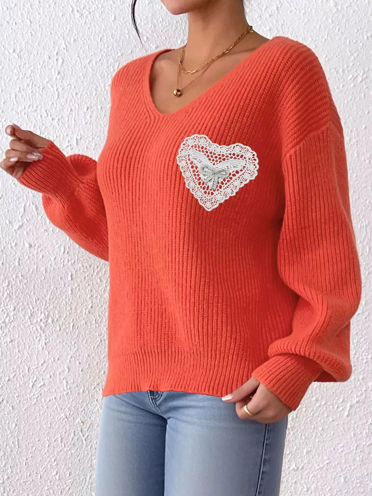 Lace Heart Dropped Shoulder Sweater by Trendsi