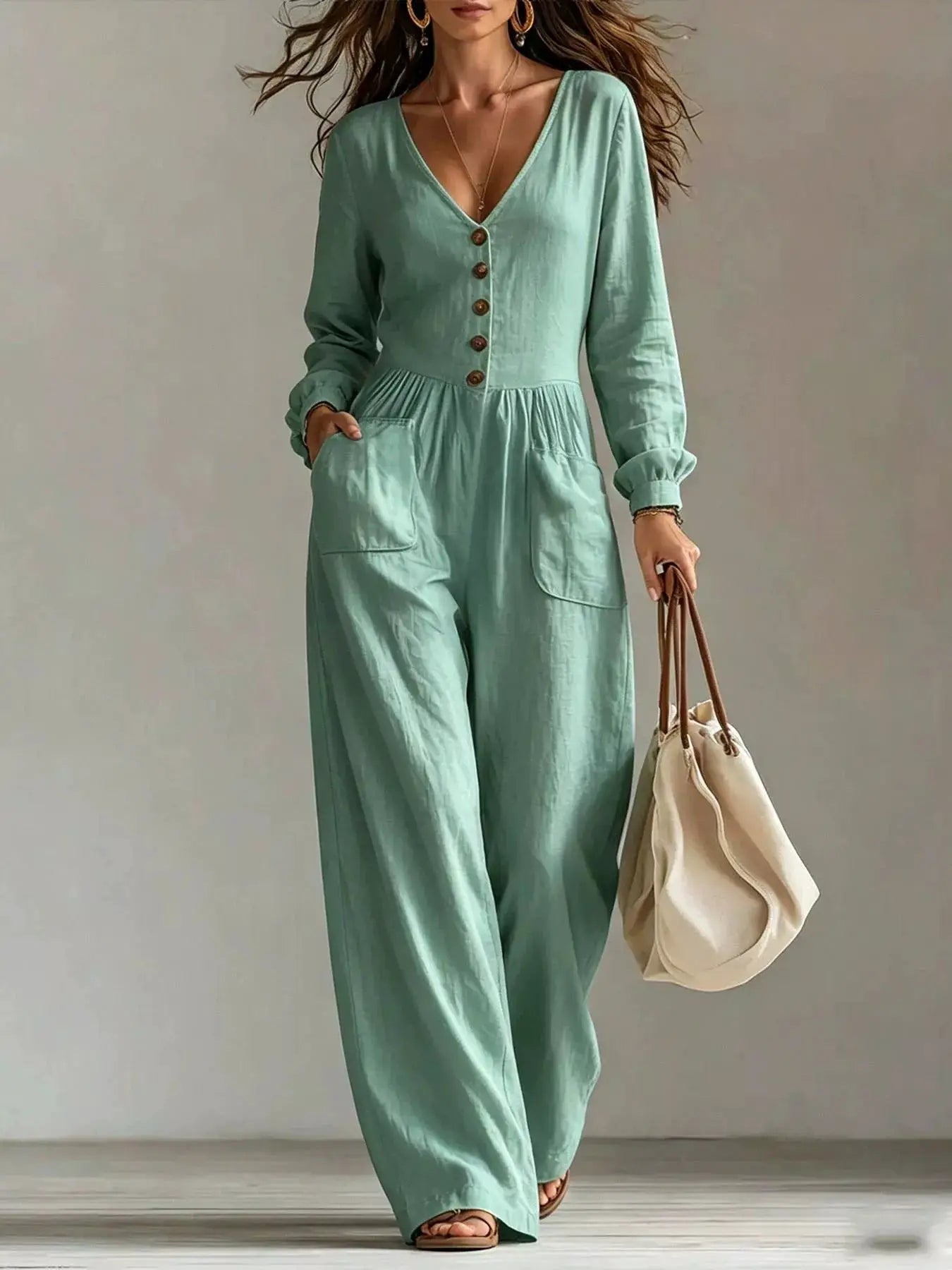 V-Neck Long Sleeve Button-Down Wide Leg Jumpsuit by Trendsi